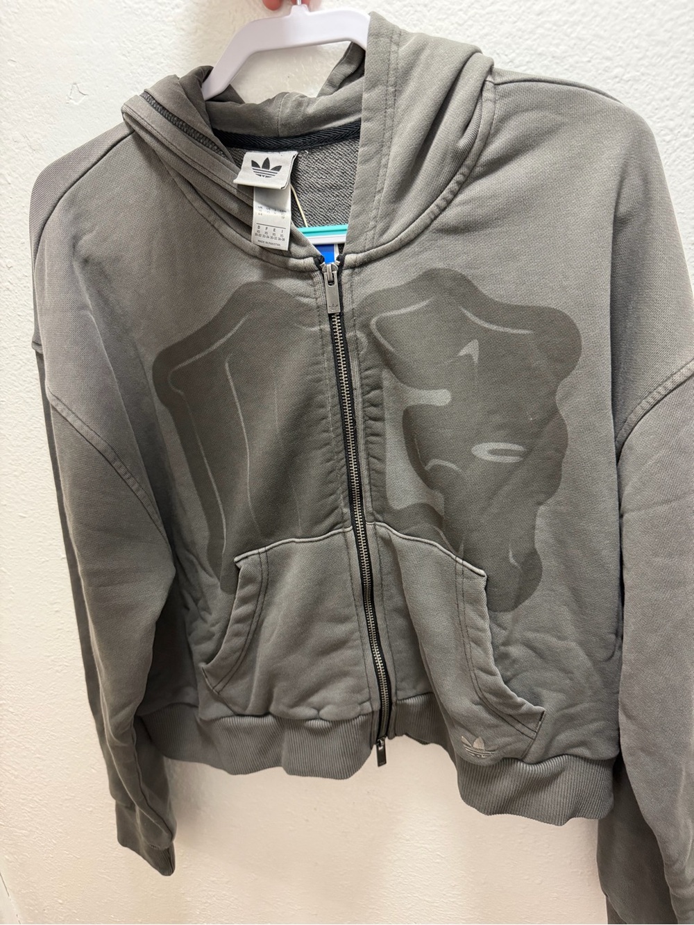 adidas Olive Gray Full-Zip Hoodie with Tonal Graphic